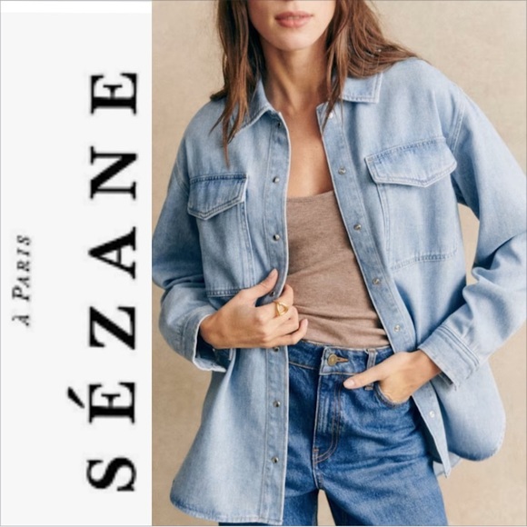 Sezane Sandrine Shirt Size 42 US 10 Snow Blue denim  Button Up Shacket - Picture 1 of 15